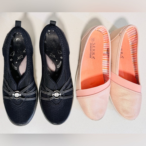2 PAIR Women’s Size 10 Comfort Slip Ons Loafers BZees and Serra Black and Pink - Picture 1 of 13